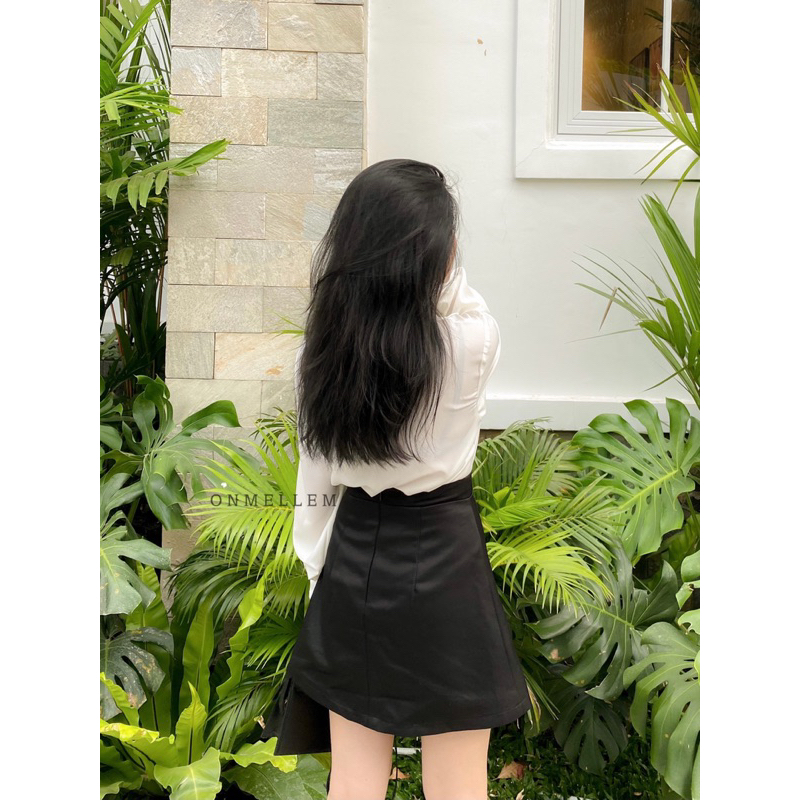 Mell16 set - Set áo sơ mi cúc bọc phối nơ và chân váy cúc bọc lưng kiểu Onmellem
