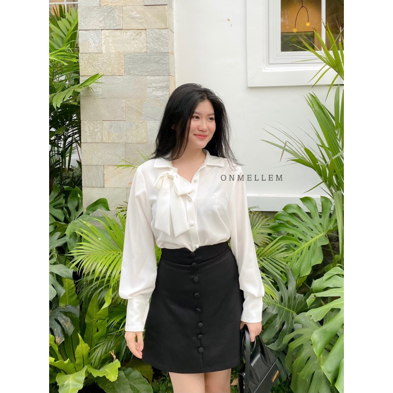 Mell16 set - Set áo sơ mi cúc bọc phối nơ và chân váy cúc bọc lưng kiểu Onmellem
