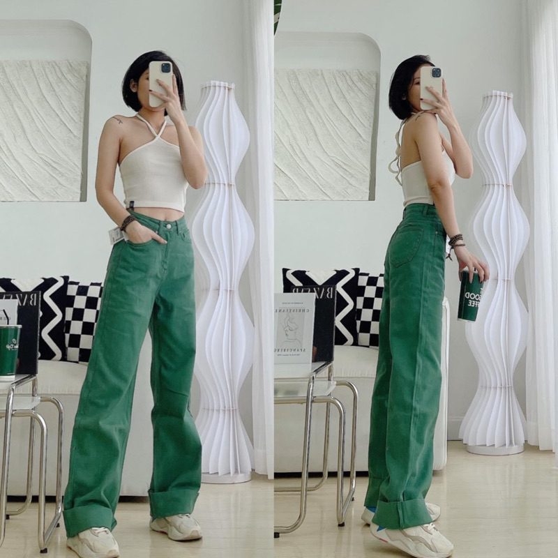 Quần Jean Suông Ống Rộng Dáng Dài Lai Cắt Lưng Cao Jeans Cotton Màu Hot Trend 2022