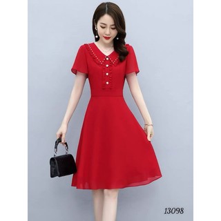 Đầm voan dáng chữ a phối bèo đính nút ngọc sang trọng