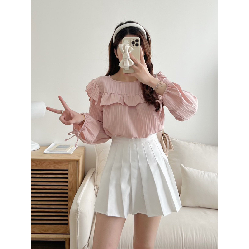 Áo sơ mi đũi gân bèo cổ vuông tay điệu