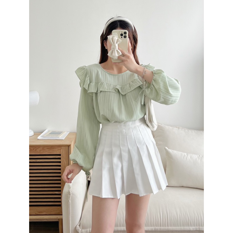 Áo sơ mi đũi gân bèo cổ vuông tay điệu