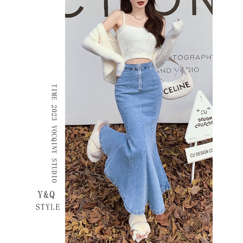 Chân váy bò jean denim đuôi cá  bút chì xoè xẻ tà dáng dài tôn dáng hàng quảng châu