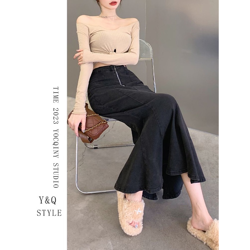 Chân váy bò jean denim đuôi cá  bút chì xoè xẻ tà dáng dài tôn dáng hàng quảng châu