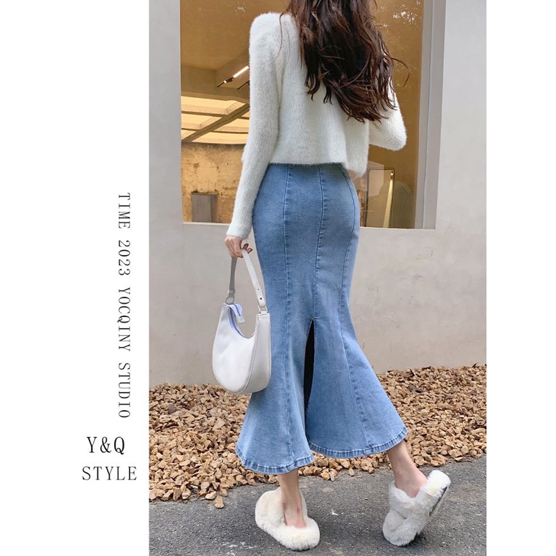 Chân váy bò jean denim đuôi cá  bút chì xoè xẻ tà dáng dài tôn dáng hàng quảng châu
