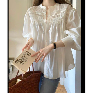 Áo sơ mi voan mỏng cổ tròn tay dài xếp li trước ngực freesize Pumi 14323