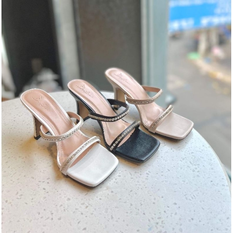 Guốc cao gót 2 quai đính đá đế trụ cao 7cm KansKai Kn08