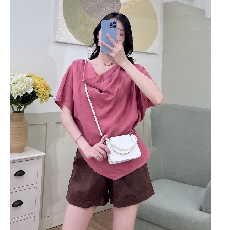 Áo kiểu nữ linen cao cấp cổ đổ thời trang HOA ĐÔ thiết kế đơn giản thanh lich màu hồng HA1021