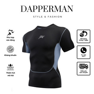 Áo thun tập gym thể thao nam tay ngắn đen hoạ tiết xám ôm body thoáng khí cao cấp DAPPERMAN