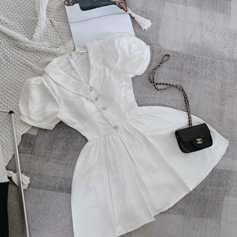 Váy trắng tay cộc khuy ngọc TIBU đầm tiểu thư tay phồng dáng xoè xinh xắn thời trang mùa hè 2023