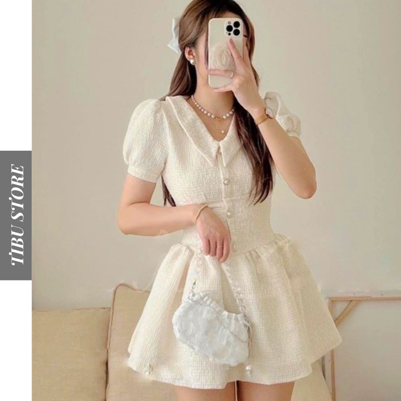 Váy trắng tay cộc khuy ngọc TIBU đầm tiểu thư tay phồng dáng xoè xinh xắn thời trang mùa hè 2023