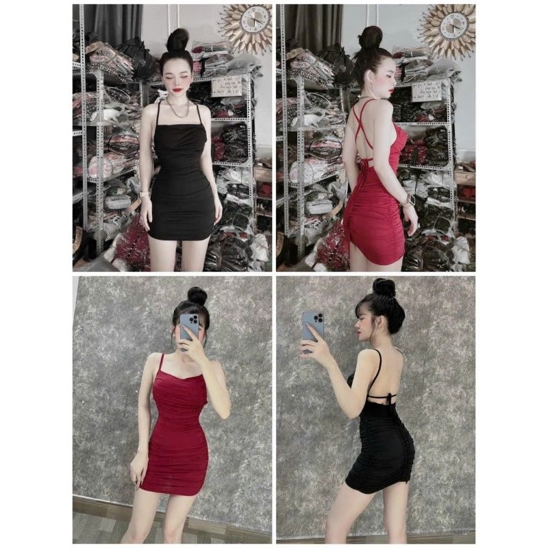 Đầm Hai Dây Cột Hở Lưng Cổ Vuông - Có Mút - Dáng Ngắn Nhún Hai Bên Hông Ôm Body Sexy - Tiểu Thư Bánh Bèo Cute Sang Chảnh