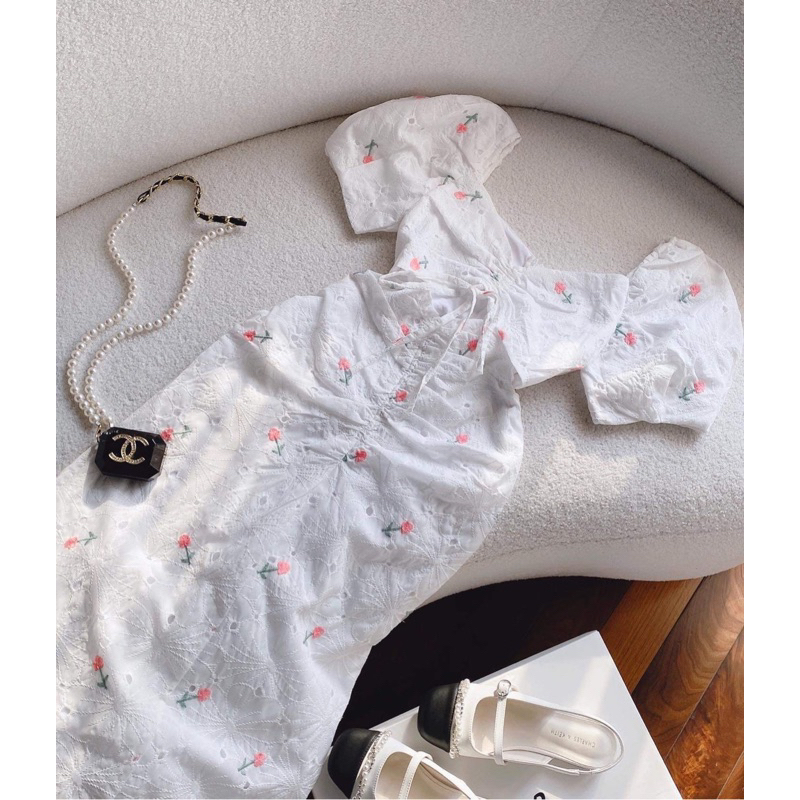 Đầm midi hoa ( có bigsize ) thêu rút dây nhún eo siu tôn dáng