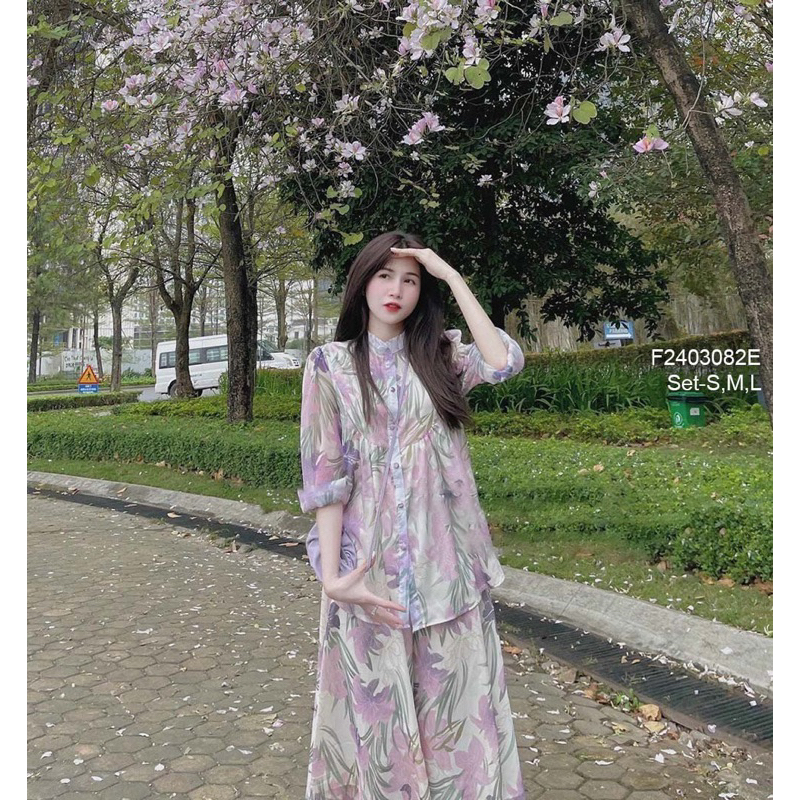 Set bộ áo sơ mi hoa phối chân váy xòe dáng dài có lót VIENS STORE