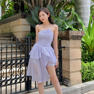 Đầm xoè voan SheByShj cổ yếm tà lệch màu tím - Purple Jayden Dress