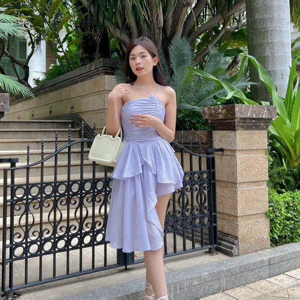 Đầm xoè voan SheByShj cổ yếm tà lệch màu tím - Purple Jayden Dress