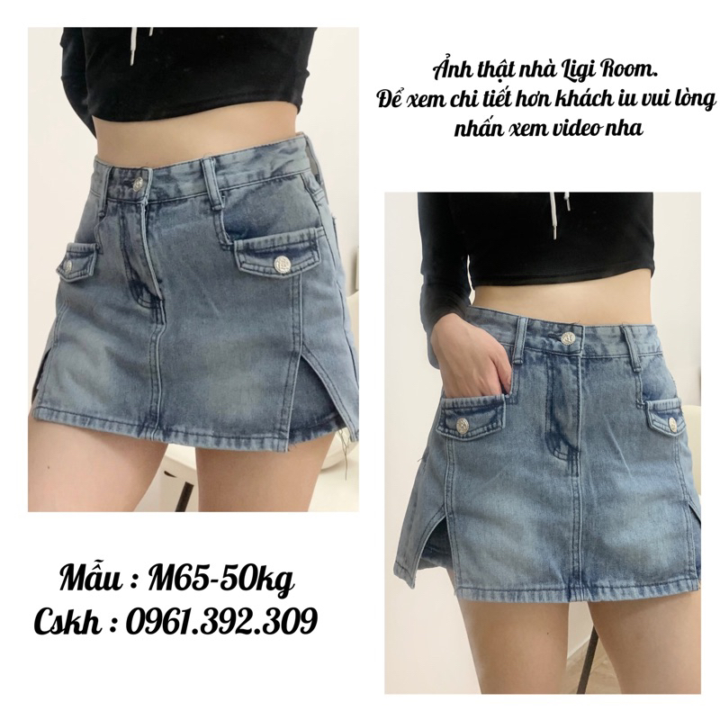 Váy bò giả quần xẻ tà cá tính, chân váy chữ A quần váy chất liệu bò màu xanh