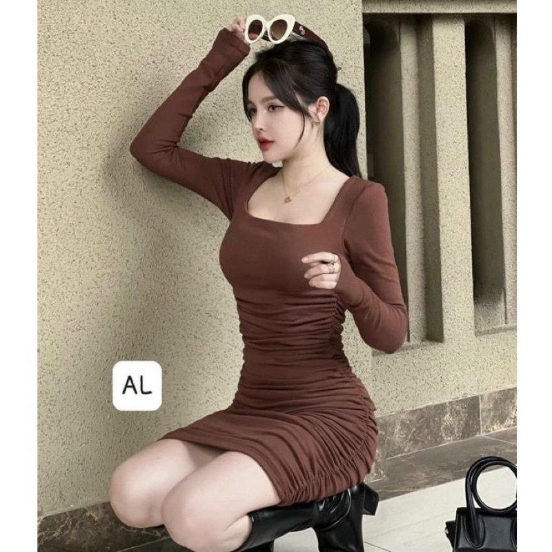 ĐẦM BODY TAY DÀI CỔ U NHÚN THUN ÔM SÁT TÔN DÁNG 3V