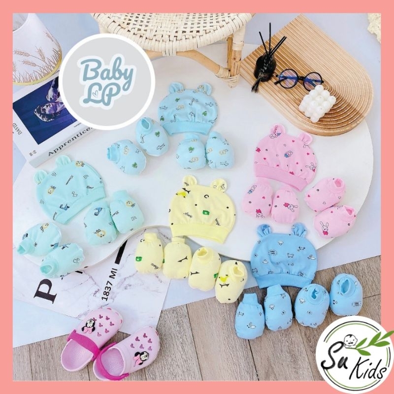 Set mũ kèm bao tay bao chân họa tiết 5 món chất cotton đáng yêu cho bé STC02