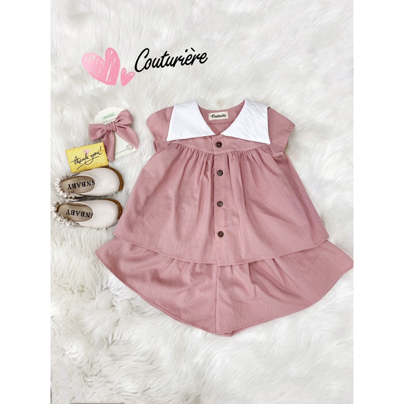 Bộ Đồ Đi Học Cho Bé Gái Chất Đũi Mát Tay Hến Cổ Thuỷ Thủ - Hàng Thiết Kế Couturiere