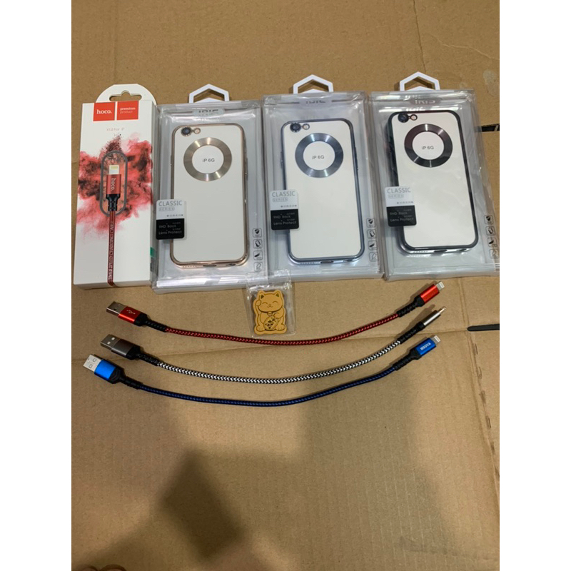 Combo: Ốp hở táo viền vuông mạ 9D + Mèo thần tài + cáp hoco 1m + cáp ngắn 20-30cm iphone 6 6s nhỏ (4.7 inch)