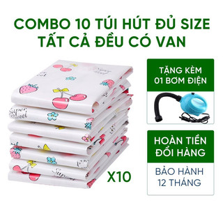 Tặng bơm điện xanh combo 10 túi hút chân không đủ size, tất cả đều có van
