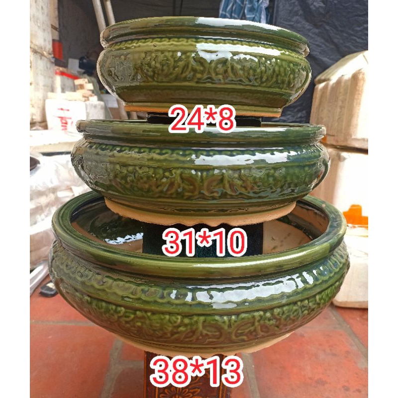 bộ 3 chậu tròn xanh men bóng