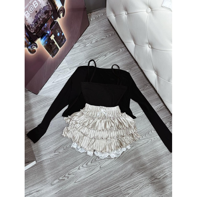 Set 3 món chân váy tầng áo bo zip