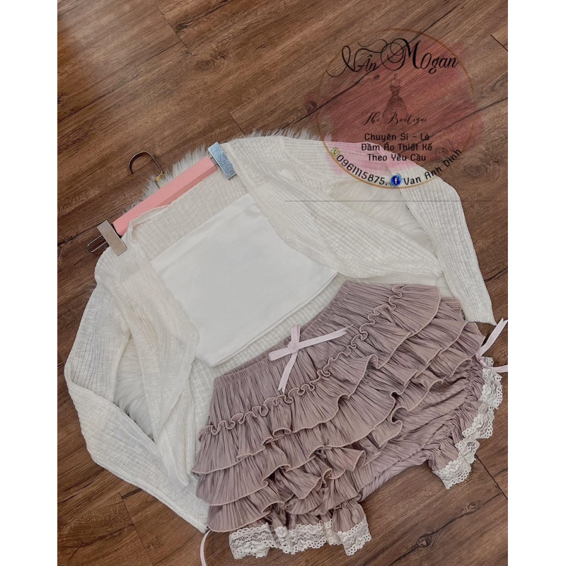 Set 3 món chân váy tầng áo bo zip