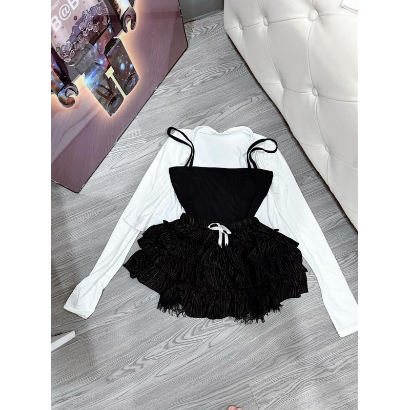 Set 3 món chân váy tầng áo bo zip