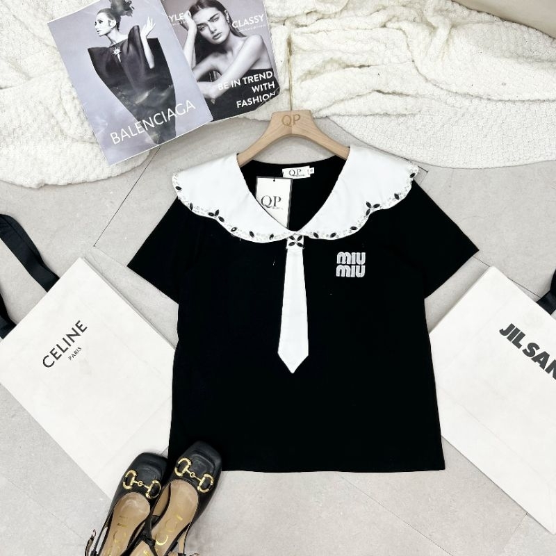 Áo phông miu miu thêu cổ thủy thủ viền đá hàng Qp