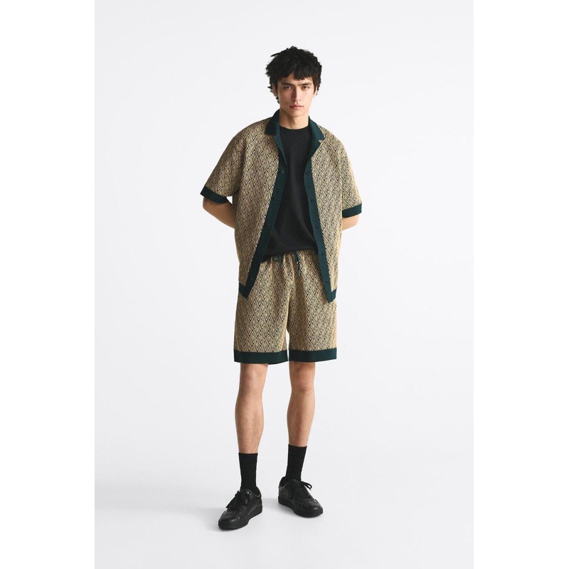 Order set sơ mi xuất dư ZARA của nam Áo sơ mi vải jacquard dệt kim và quần short Bermuda vải jacquard dệt kim