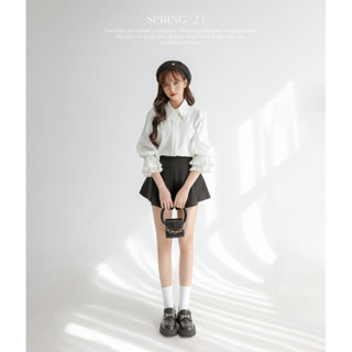  Áo sơ mi tay phồng và quần shorts dáng xoè - Josline - RED BEAN 