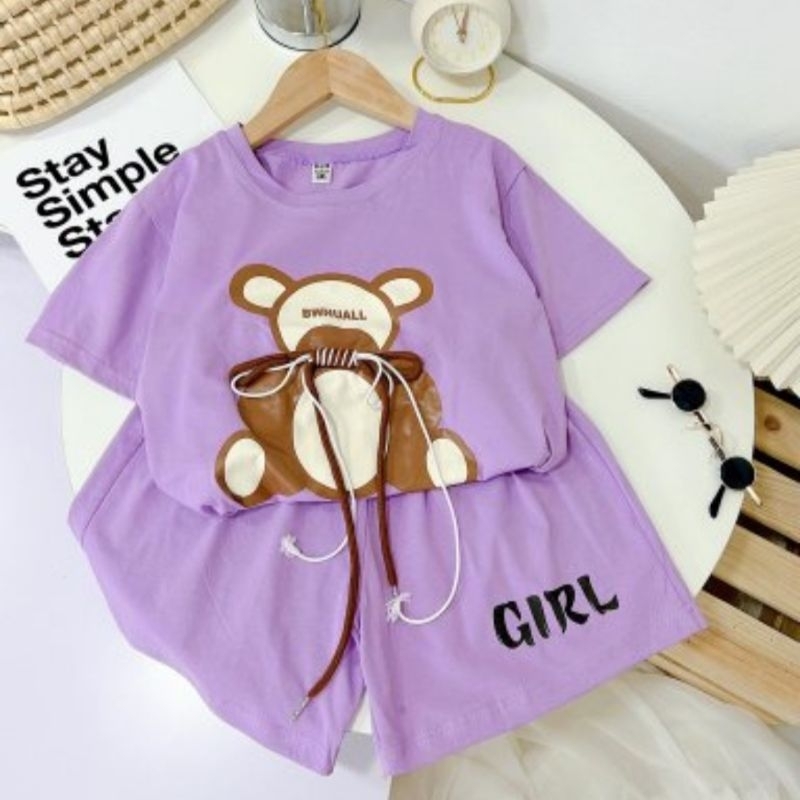 Bộ hè bé gái gấu nơ chất cotton co giãn size đại 20-40kg
