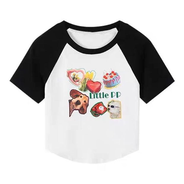 Áo Thun Baby tee Chất Thun Co Dãn In Hình Dễ Thương, Áo Croptop Nữ Ôm Body Raglan Năng Động Trẻ Trung