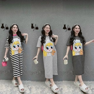 Đầm Suông Kẻ Sọc Dáng Rộng Maxi In Hình Dễ Thương Form Thoải Mái