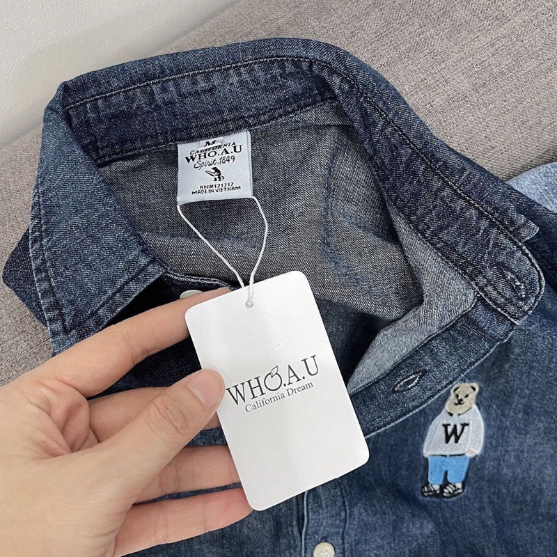 Sơmi denim thêu gấu Whoau