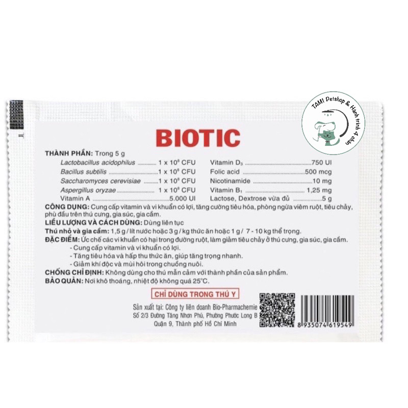 Hoả tốc MEN TIÊU HÓA CHO CHÓ MÈO BIOTIC- gói 5g- HSD: 2024