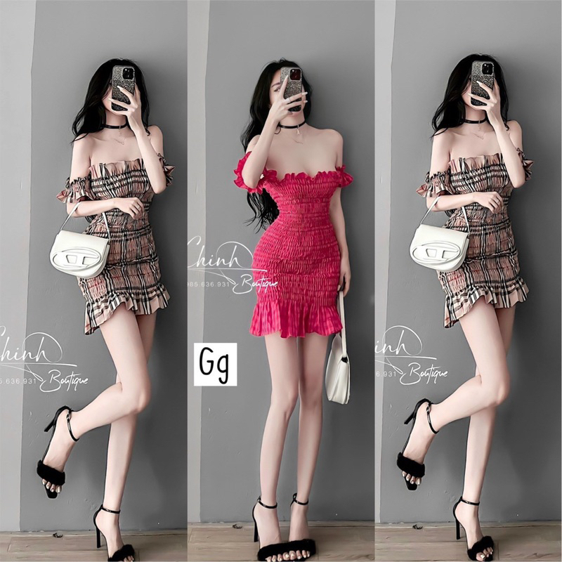 ĐẦM BODY BỆT VAI TAY NGẮN DÁNG ĐUÔI CÁ HOẠ TIẾT CARO