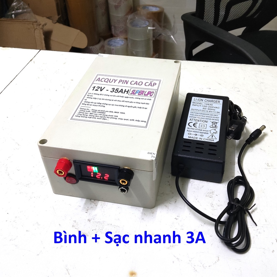 Bình ẮC QUY Pin SUPER LIPO 12V 35AH 100A. Chuyên dùng cho Kích điện, năng lượng mặt trời, máy bắt giun, pin xe điện...