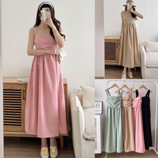  Váy hai dây maxi bản to chun lưng co giãn dập ly ngực dáng dài basic 4 màu siêu xinh 
