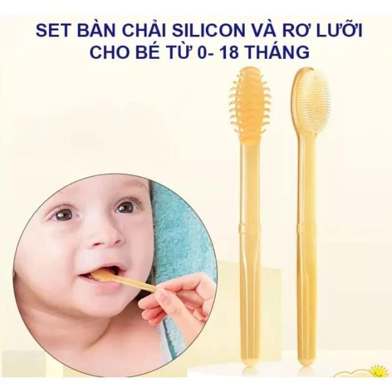 Set rơ lưỡi và bàn chải silicon Mochee/Kichi, cho bé từ 0-18 tháng tuổi kèm cốc đựng an toàn cho bé - minjee