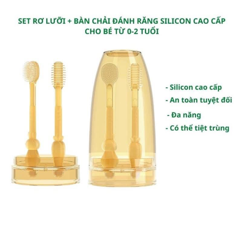 Set rơ lưỡi và bàn chải silicon Mochee/Kichi, cho bé từ 0-18 tháng tuổi kèm cốc đựng an toàn cho bé - minjee