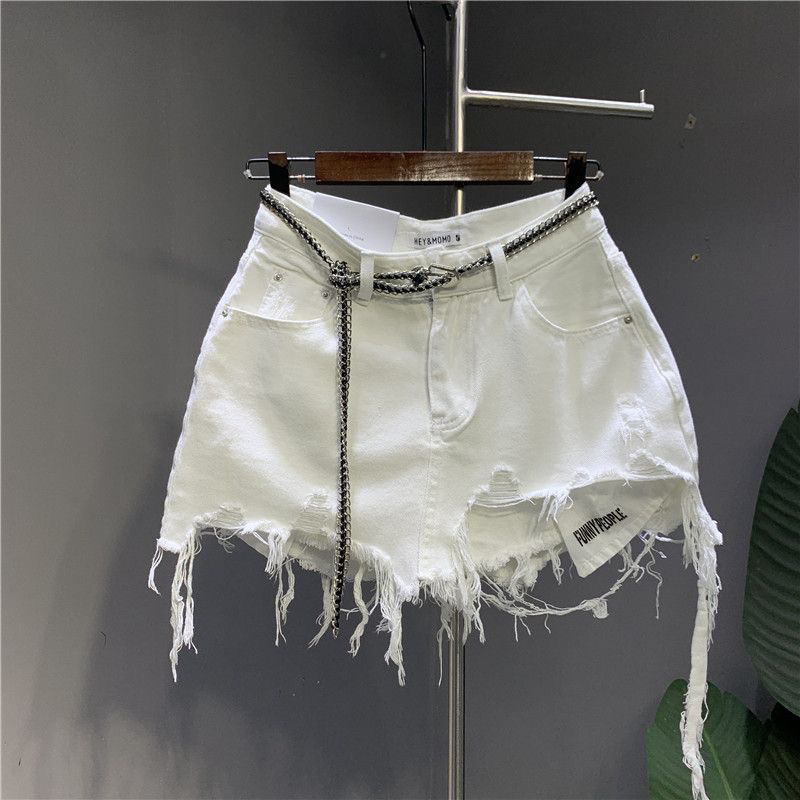 ( ORDER ) Chân Váy Bò Jean Denim Dáng Ngắn Chữ A Rách Tua Rua Màu Trắng
