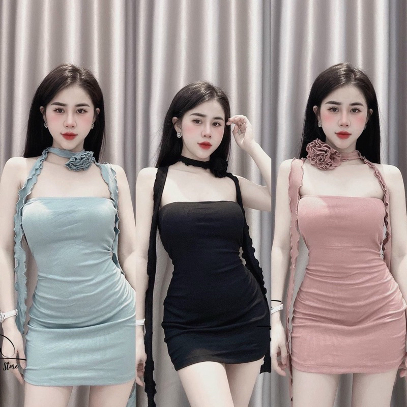 ĐẦM BODY CÚP NGỰC DÁNG NGẮN KÈM CHOCKER HOA HỒNG