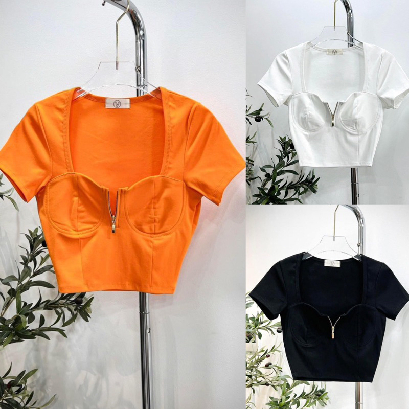 Áo Thun Cúp Khuôn Ngực Khoá Kéo Tay Ngắn Croptop