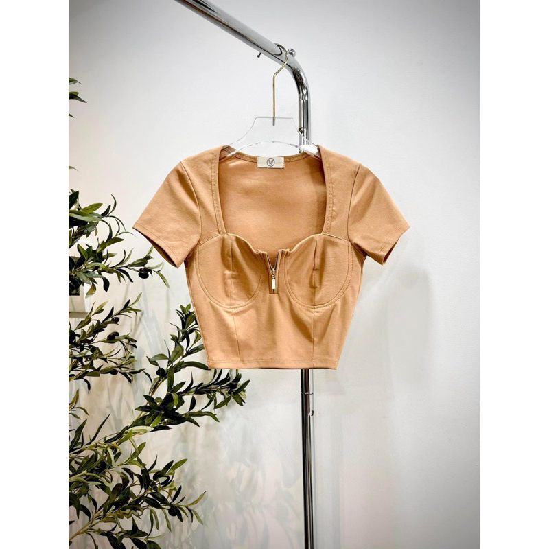 Áo Thun Cúp Khuôn Ngực Khoá Kéo Tay Ngắn Croptop