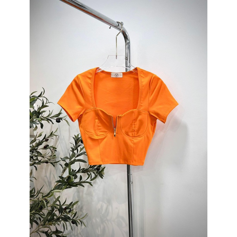 Áo Thun Cúp Khuôn Ngực Khoá Kéo Tay Ngắn Croptop