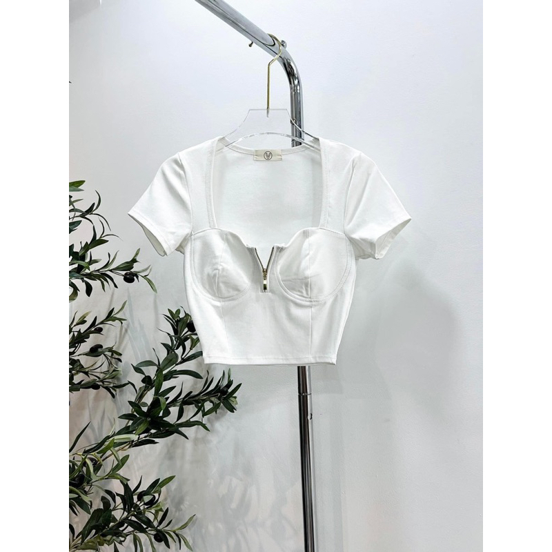 Áo Thun Cúp Khuôn Ngực Khoá Kéo Tay Ngắn Croptop