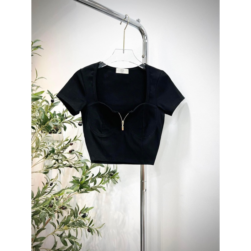 Áo Thun Cúp Khuôn Ngực Khoá Kéo Tay Ngắn Croptop